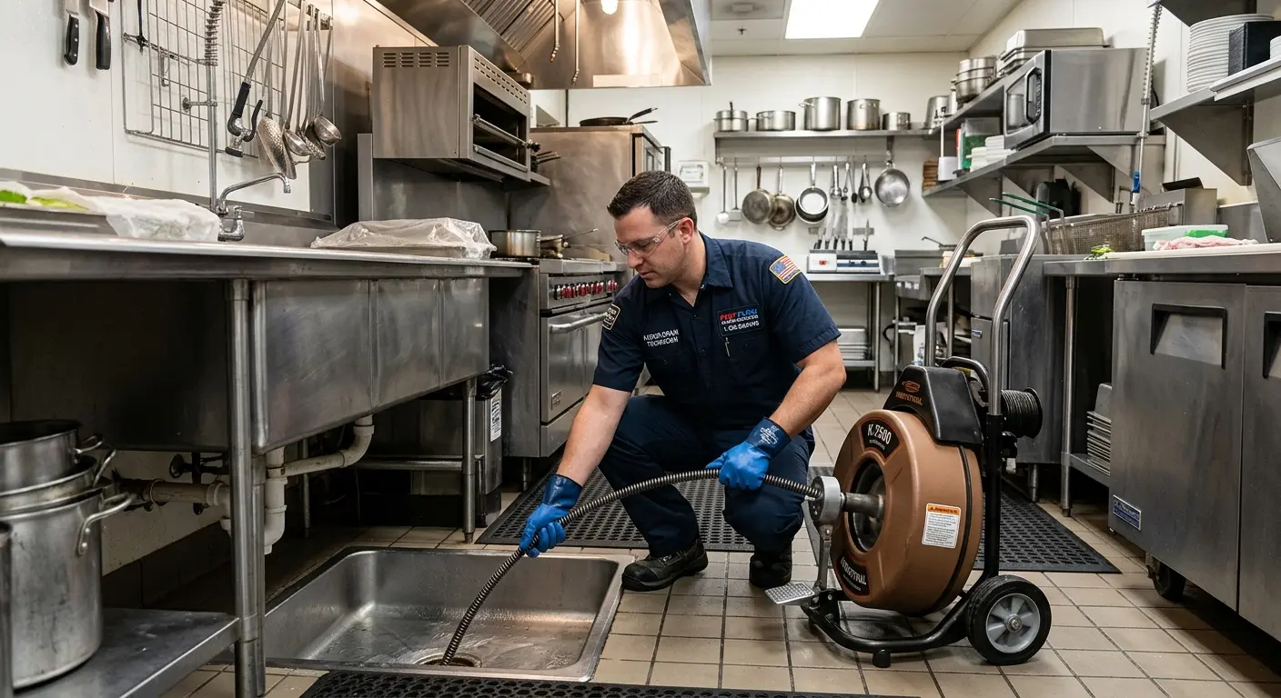 Commercial drain cleaning service in a restaurant kitchen in Middlesex