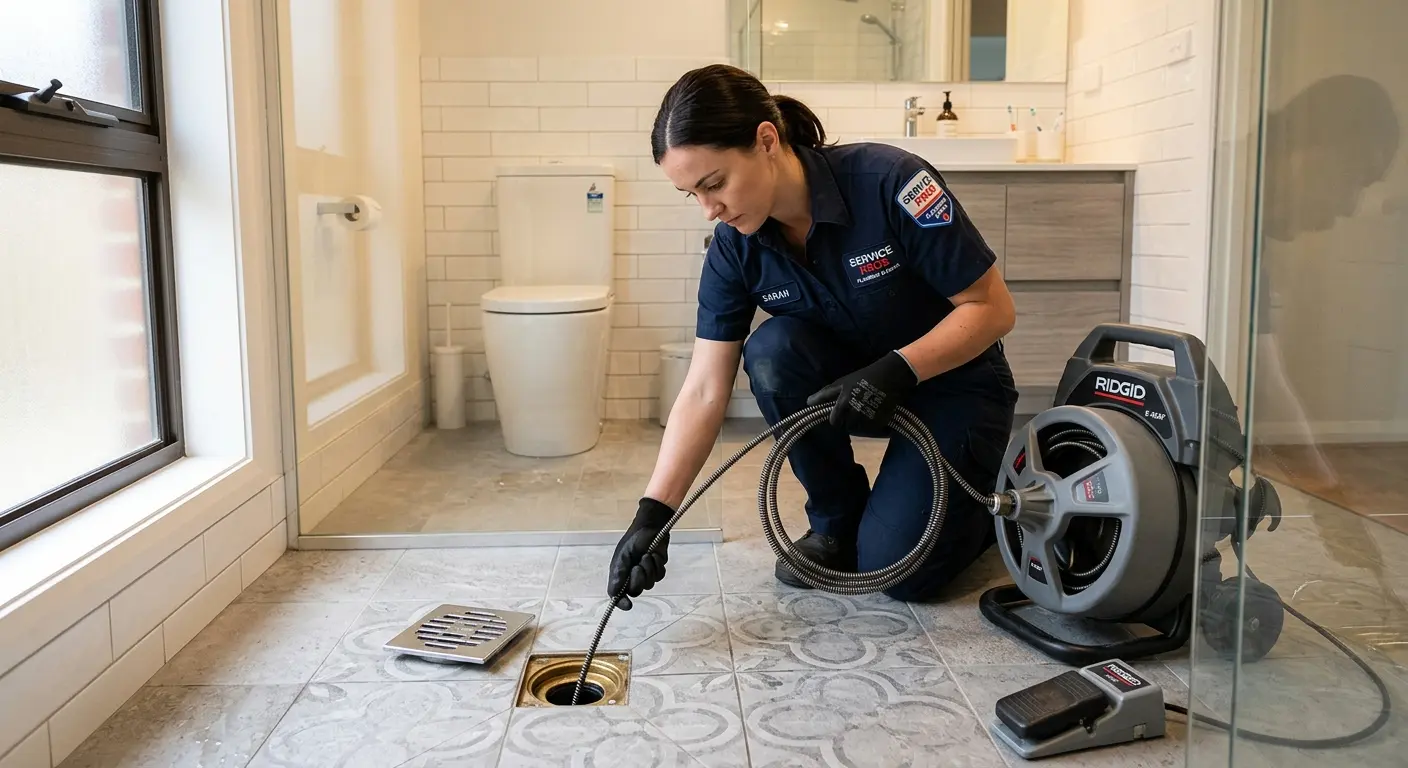 Technician clearing a bathroom floor drain for Sewer Line Installation in Middlesex
